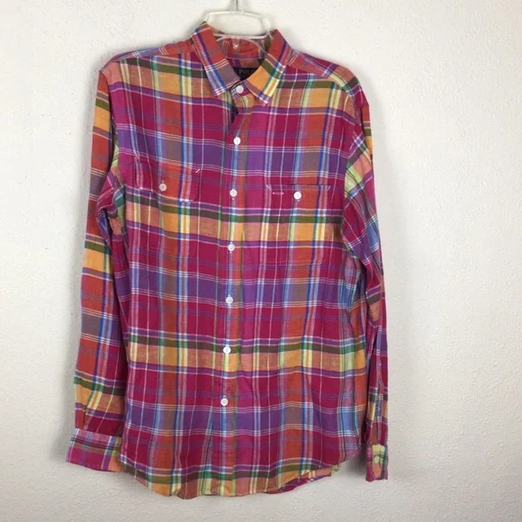 Polo-RL bright plaid button up shirt in linen-M - Picture 3 of 9
